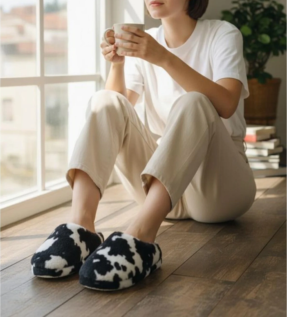 Kadın Tüylü Pofuduk Ev Terliği Ses Yapmayan Yumuşak Rahat Kauçuk Taban İçi Yünlü Kışlık Terlik