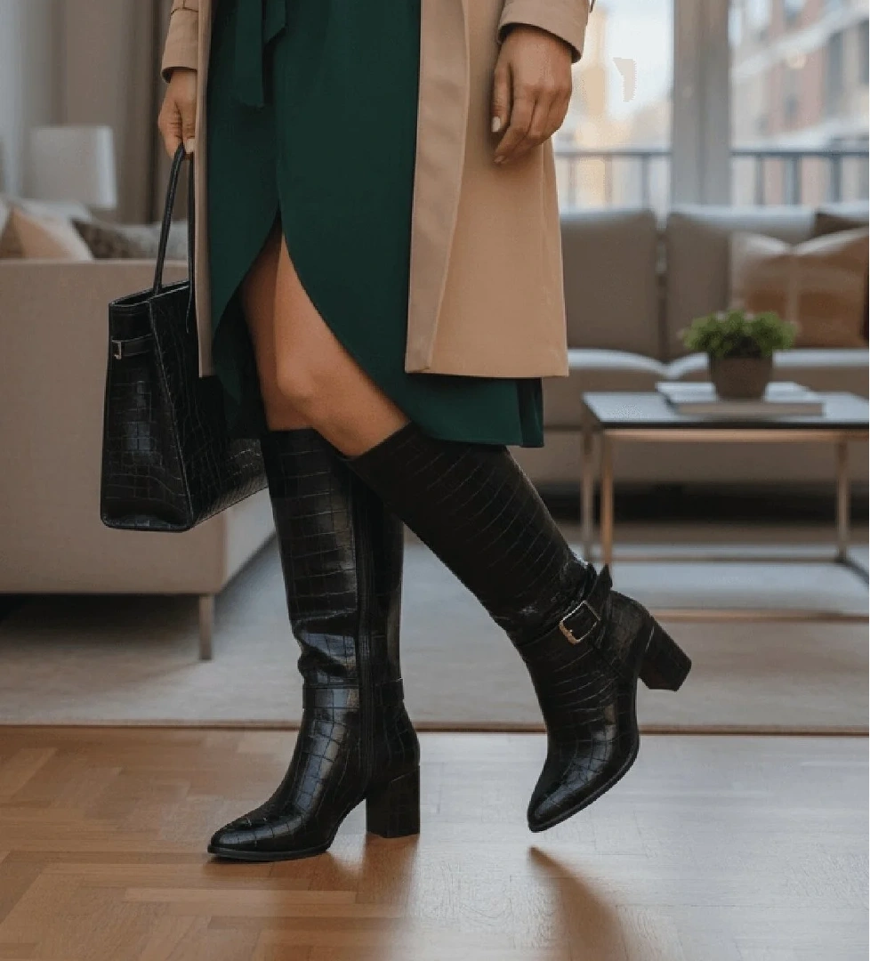 Sidney Siyah Kroko Deri Topuklu (7cm) Yanı Fermuarlı Günlük Kullanım Çizme