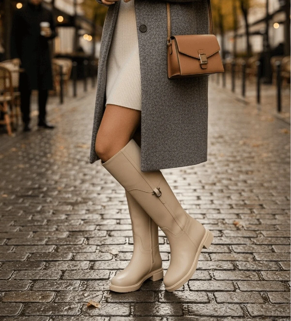 Hulbery Bej Deri ( 3,5 Cm Topuk Boyu) Yanı Tokalı Günlük Kadın Çizme