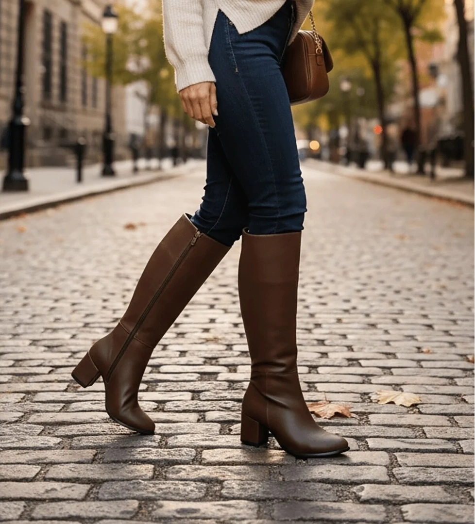 Divolya Karmen Kahverengi Deri (6cm) Topuklu Yanı Fermuarlı Günlük Kullanım Çizme