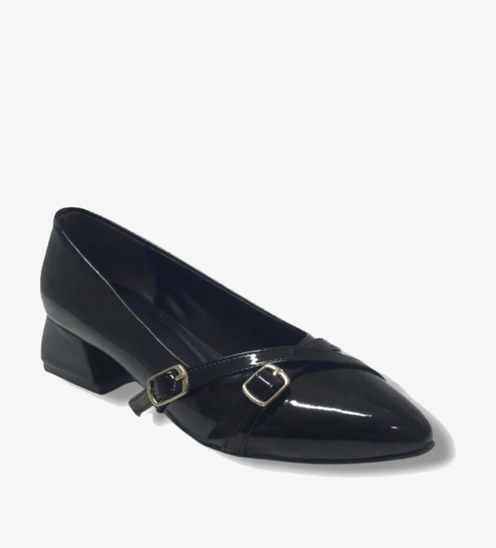 676-26 Rugan Deri Çift Tokalı Kare Topuk Kadın Ayakkabı - Görsel 1