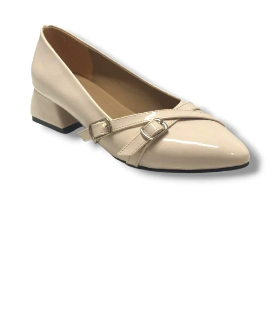 676-26 Rugan Deri Çift Tokalı Kare Topuk Kadın Ayakkabı