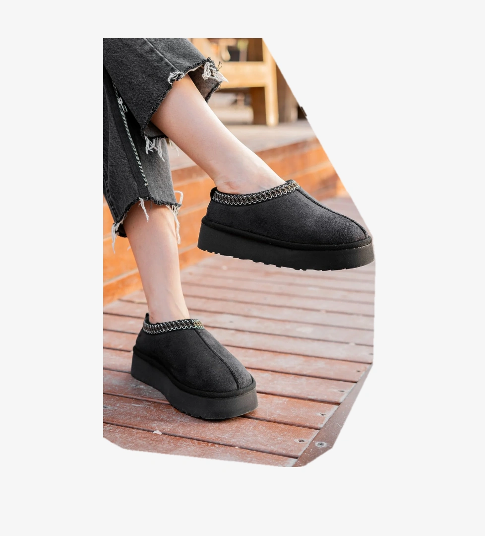 Kadın Garantili İçi Kürklü Hafif Yüksek Taban Mini Sabo Ev Terliği UggSabo.303 Siyah