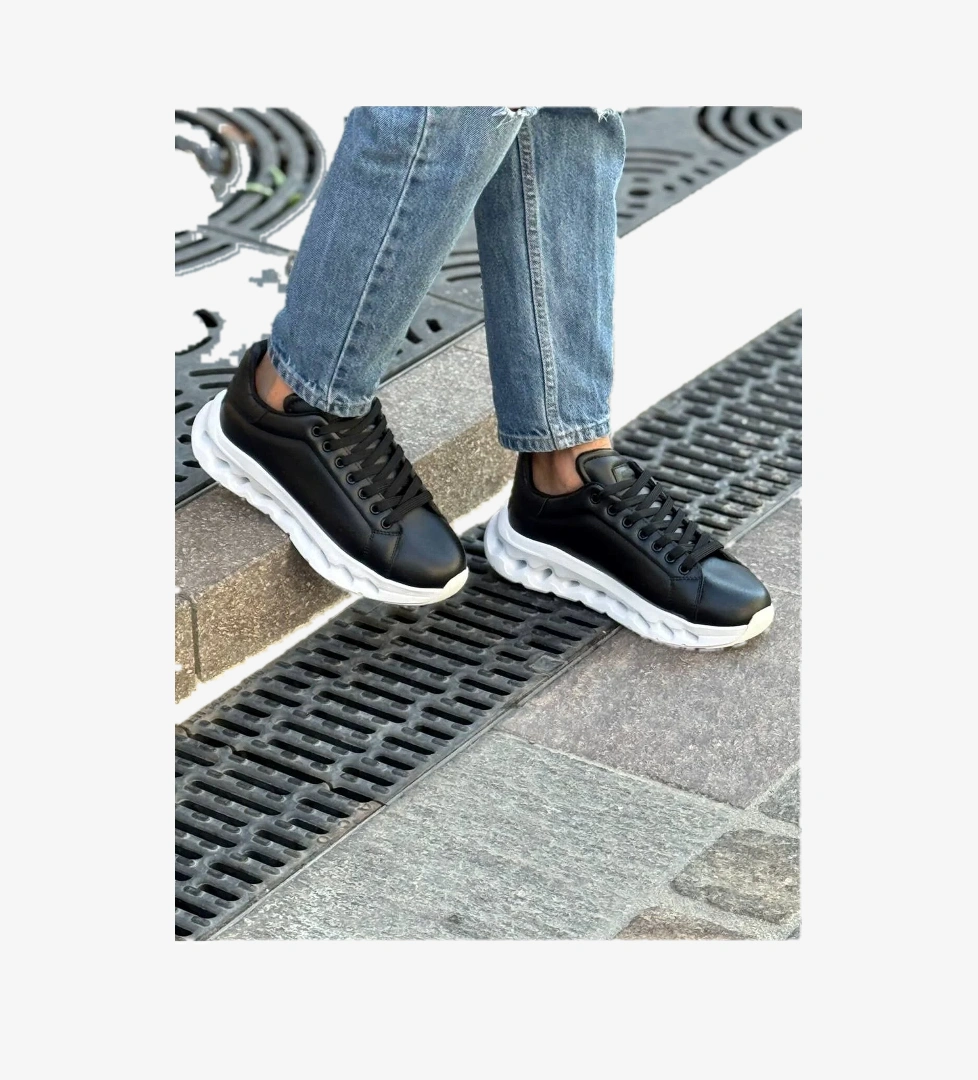 Bağcıklı Erkek Spor AyakkabI Siyah (Beyaz Taban)