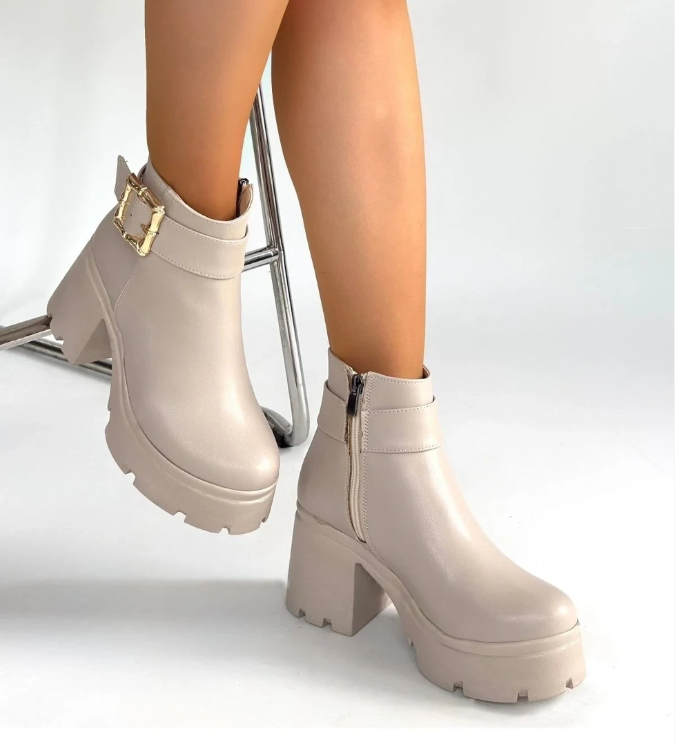 Bej Fermuarlı Kadın Topuklu Bot - Görsel 1