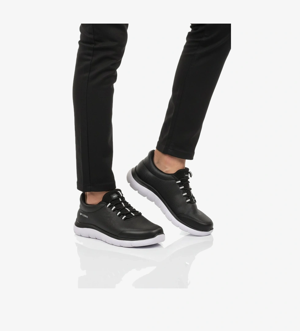 Siyah Beyaz Bilekten Lastikli Erkek Spor Ayakkabı Flexible Pu M