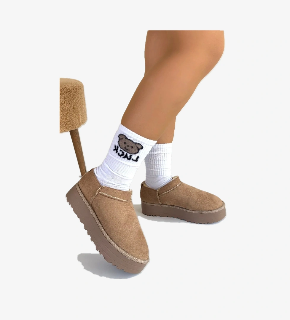 Bej Süet Kürklü Kadın Düz Bootie - Görsel 1