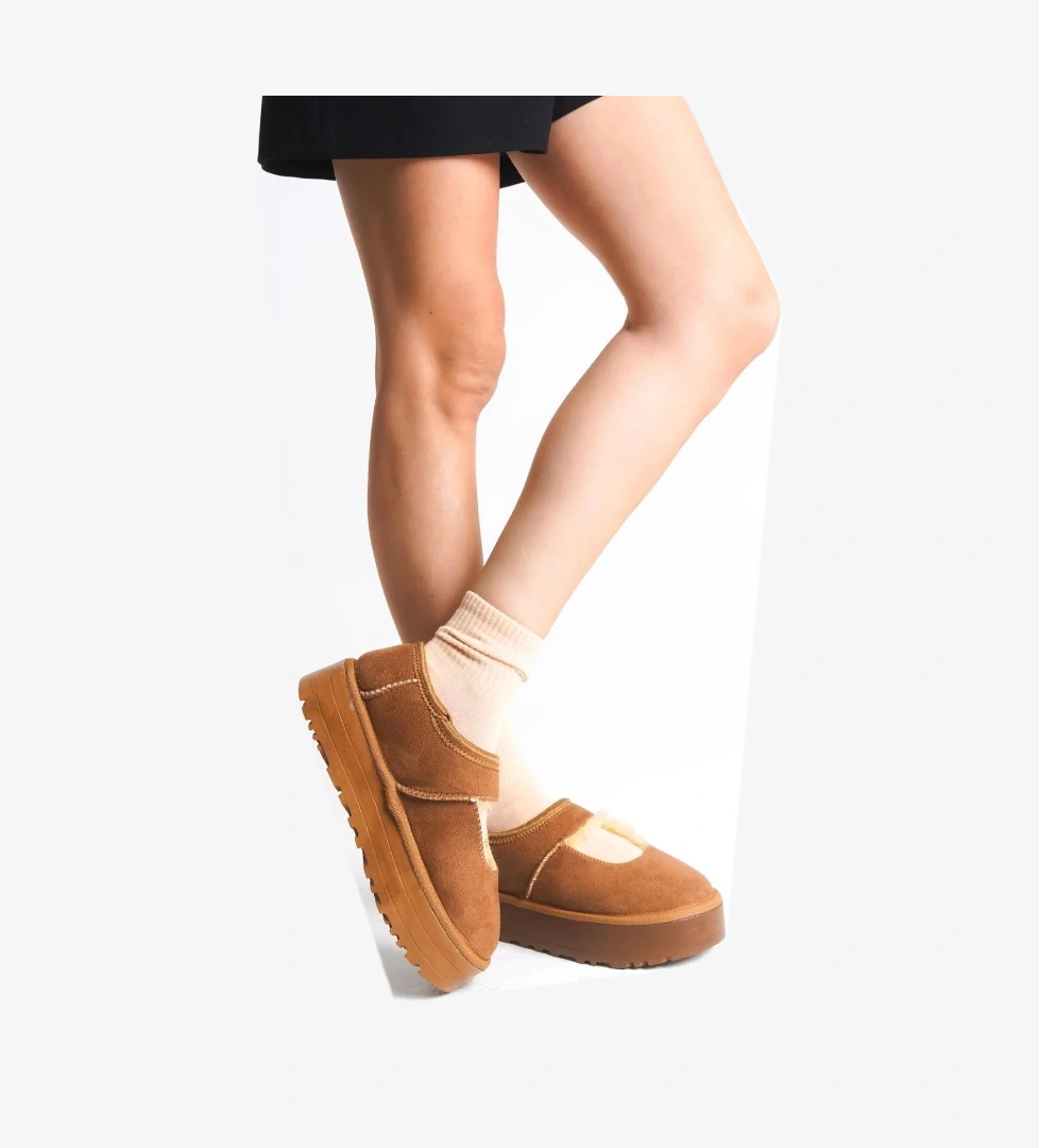 Taba Süet Kürklü Kadın Düz Bootie