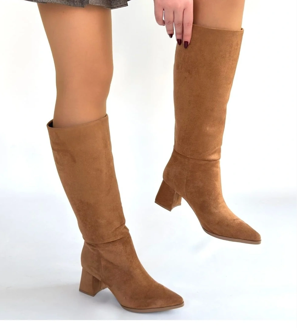 Taba Süet Kadın Topuklu Çizme
