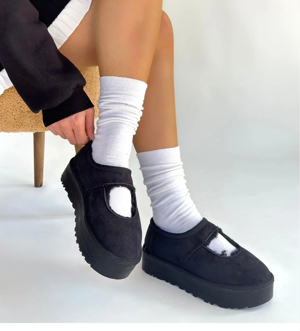 Siyah Süet Kürklü Kadın Düz Bootie