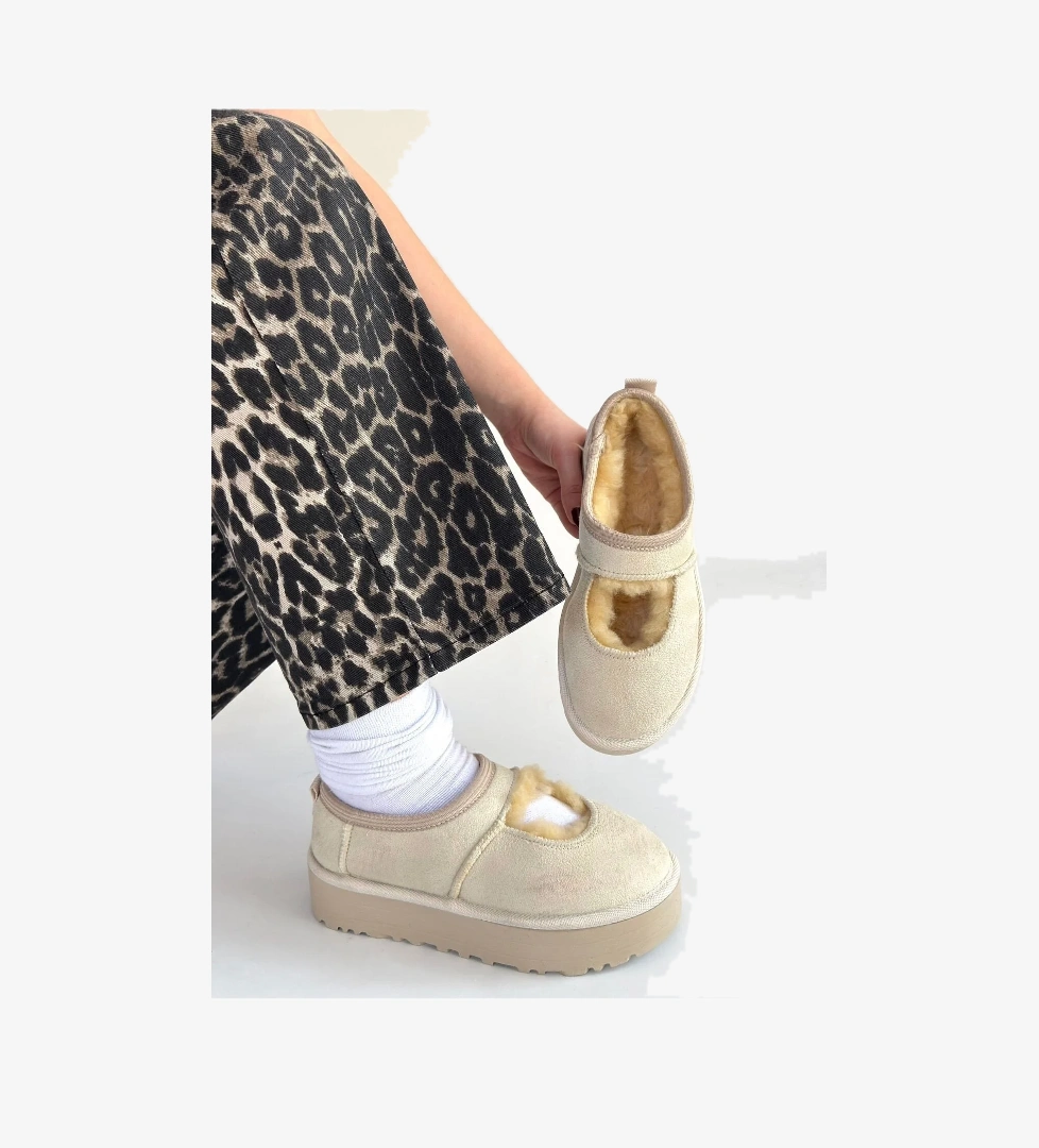 Bej Süet Kürklü Kadın Düz Bootie