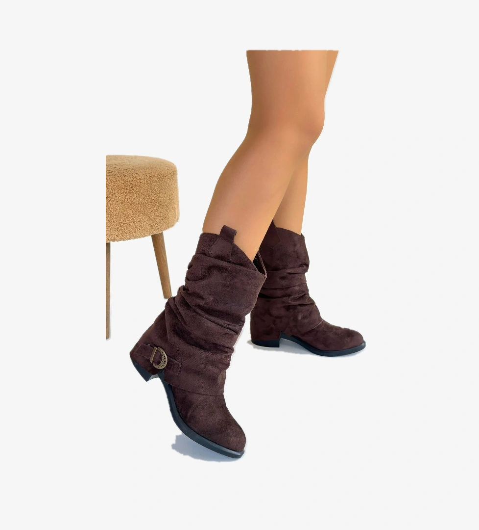 Kahverengi Süet Körüklü Kadın Topuklu Çizme - Görsel 1