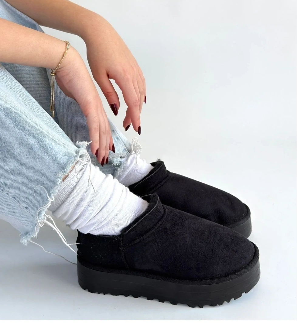 Siyah Süet Kürklü Kadın Düz Bootie - Görsel 1