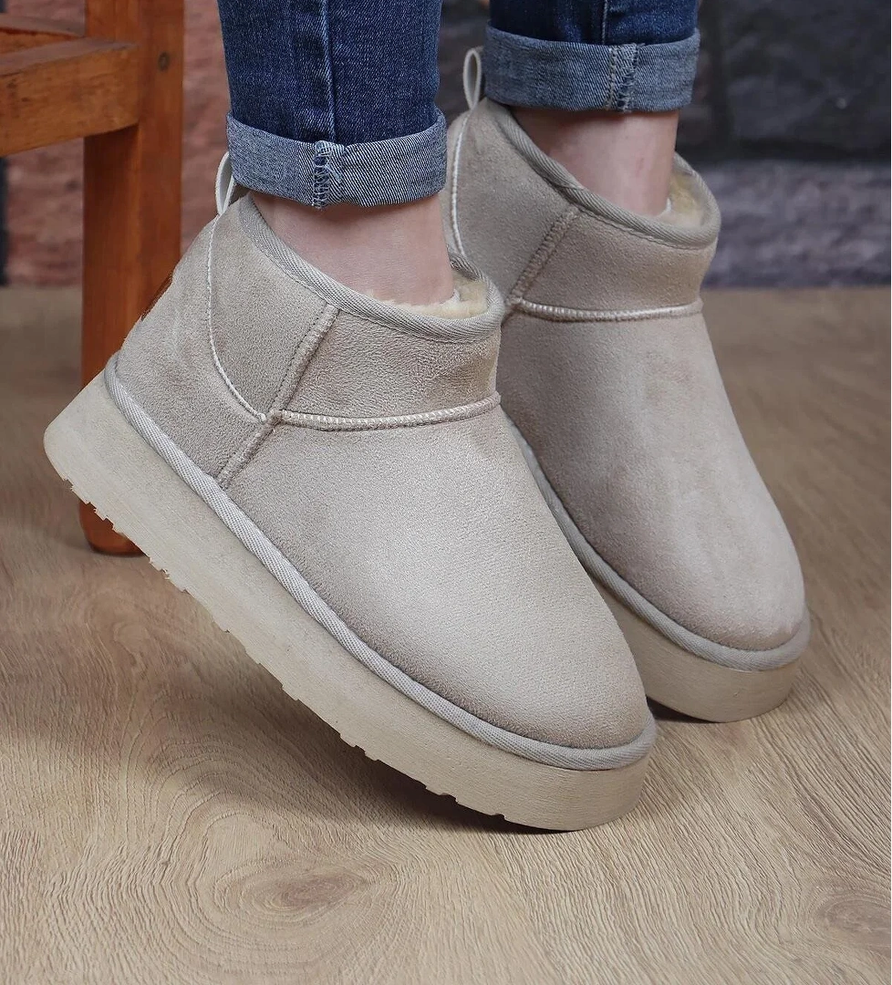 52709 Süet İçi Kürklü Kalın Taban Mini Boy Bilekte Kısa Kadın Bot