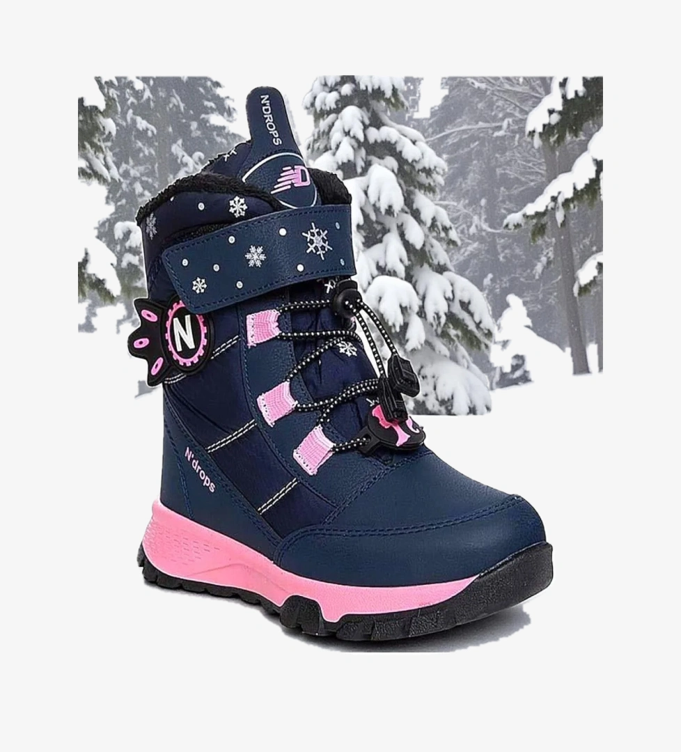 Kız Çocuk Suya Ve Soğuk Havaya Dayanıklı Kaymaz Taban Cırtlı Lacivert Pembe Kar Botu