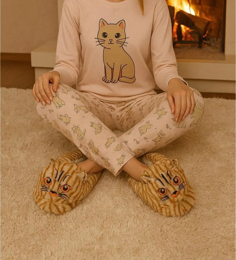 Ellaboni Kadın Kız Çocuk Yumuşak Soft Hayvanlı Kedi Figürlü Panduf Ev Ayakkabısı model görseli