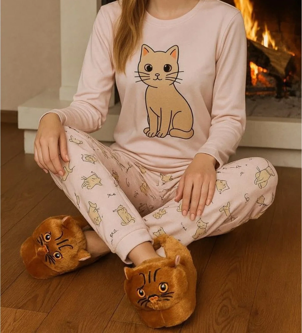 Kadın Kız Çocuk Yumuşak Soft Hayvanlı Kedi Figürlü Panduf Ev Ayakkabısı - Görsel 1