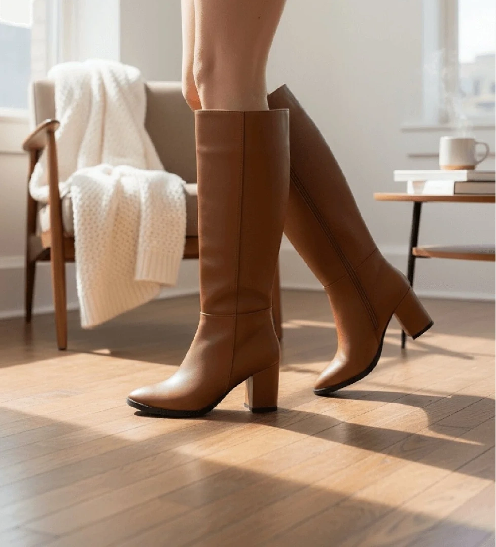 Kleo Taba Deri Topuklu (7cm) Yanı Fermuarlı Günlük Kullanım Çizme - Görsel 1