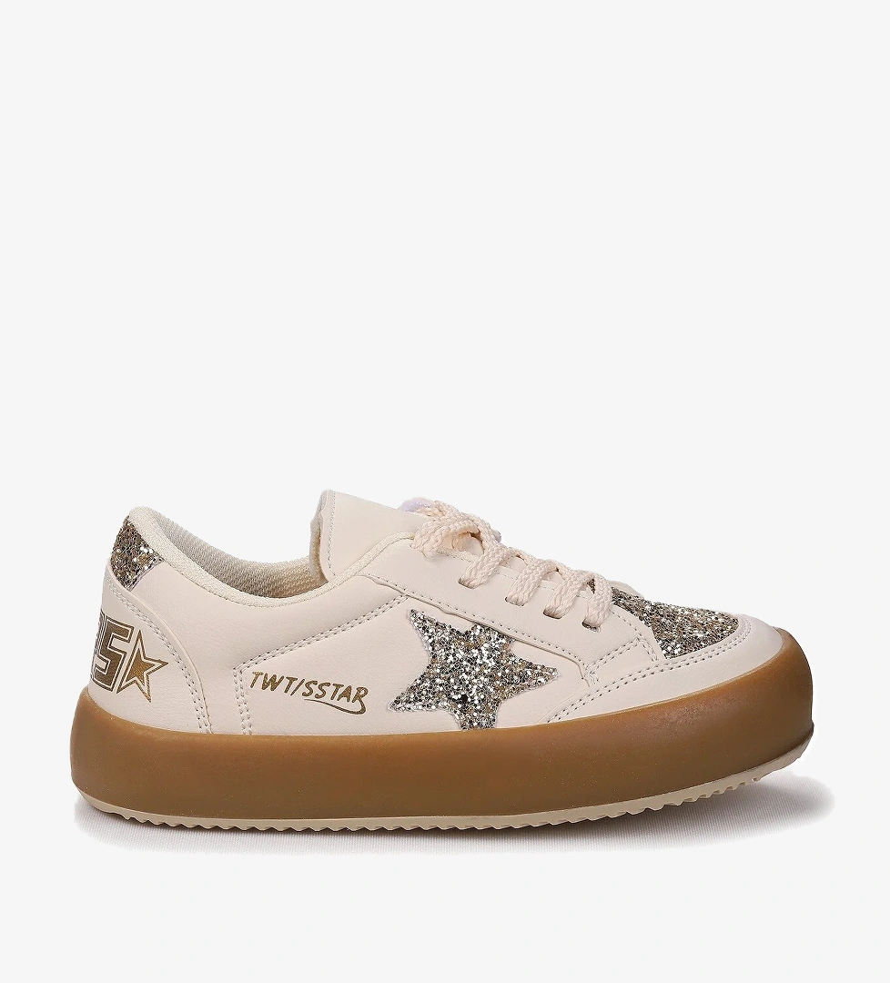 Rida Günlük Bağcıklı Kız Çocuk Spor Ayakkabı Krem - Altın