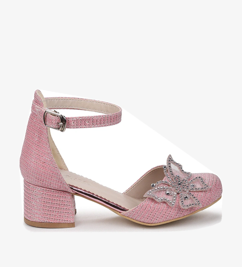 Zete Kum Simli Kız Çocuk 4 Cm Topuklu Abiye Ayakkabı Pembe