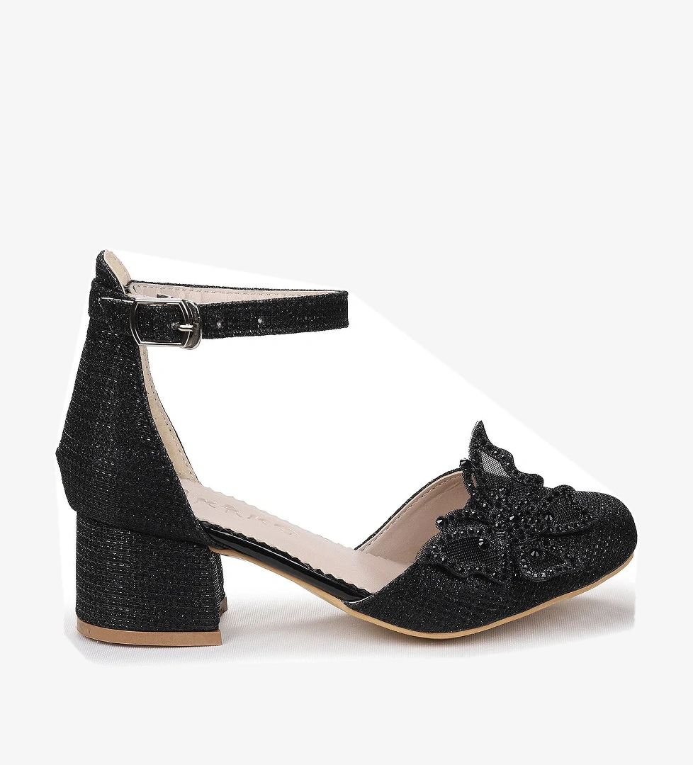 Zete Kum Simli Kız Çocuk 4 Cm Topuklu Abiye Ayakkabı Siyah