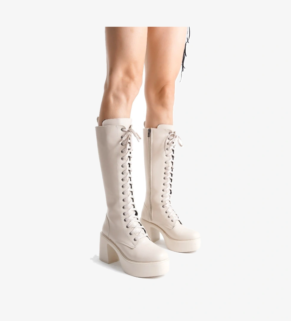 Kalın Taban Topuklu Fermuarlı Diz Altı Sade Bağcıklı Kadın Çizme