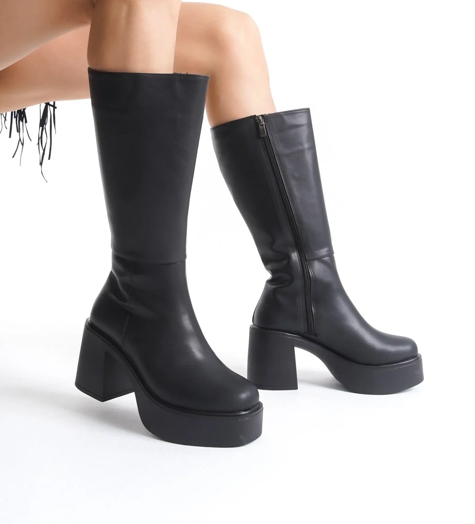 Kalın Taban Topuklu Fermuarlı Diz Altı Sade Klasik Kadın Çizme 914303-z