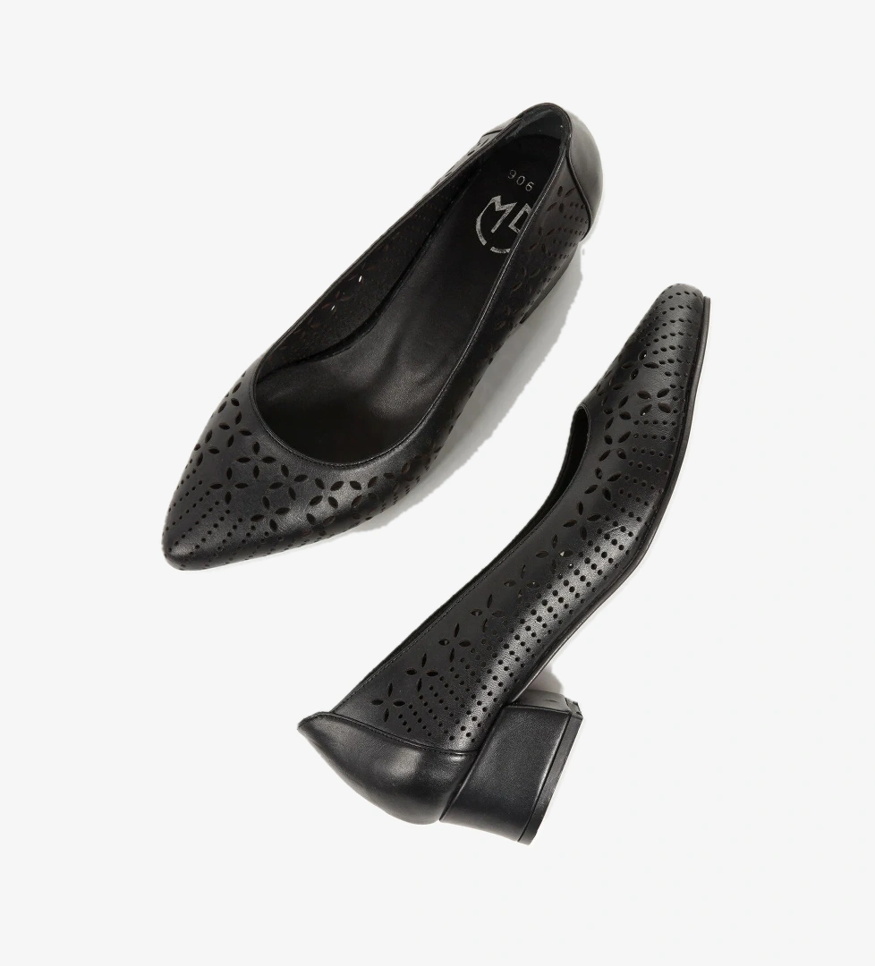 Tiran Siyah Hakiki Deri Stiletto Kısa Kalın Topuklu Yazlık Ayakabı