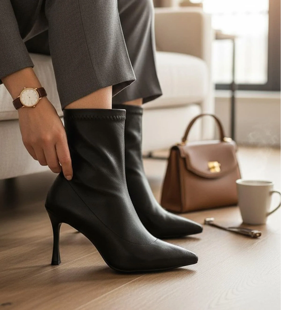 564FD Günlük Fermuarlı Kadın Topuklu Bot Ayakkabı İnce Topuk Klasik Topuklu Bot