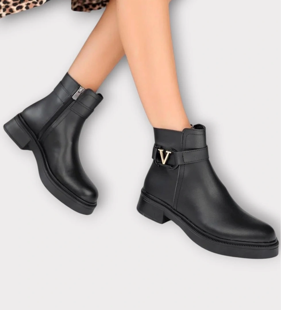 Kısa Topuklu Fermuarlı Kadın Bot SİYAH - ALTIN - Görsel 1