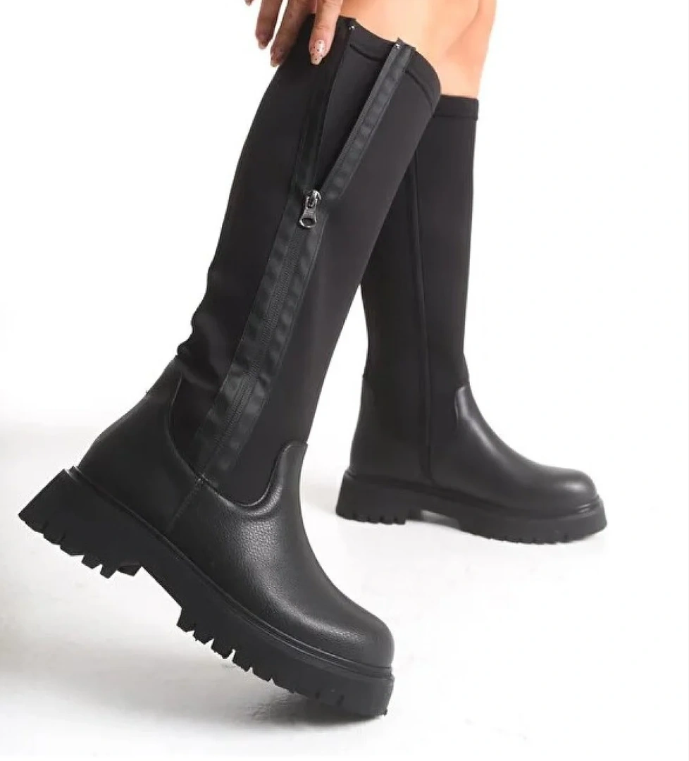 Feles Binici Düz Taban Streç Çift Fermuarlı Kadın Çizme model görseli