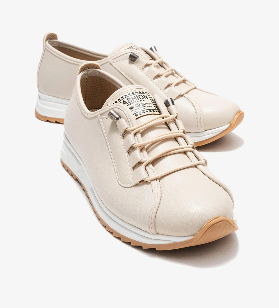 Yumuşak Tabanlı Lastik Bağcıklı Kadın Ayakkabı BEJ CİLT