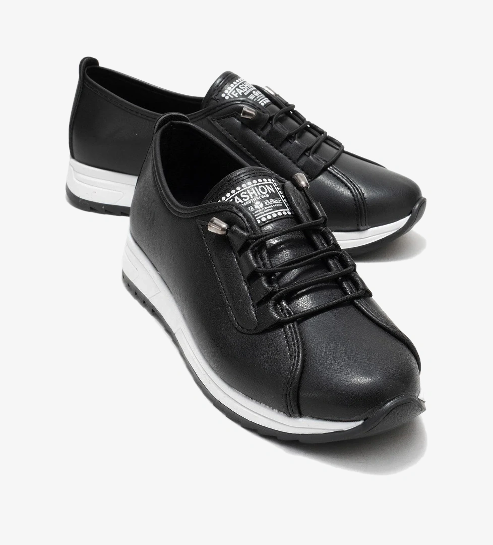 Yumuşak Tabanlı Lastik Bağcıklı Kadın Ayakkabı SİYAH CİLT