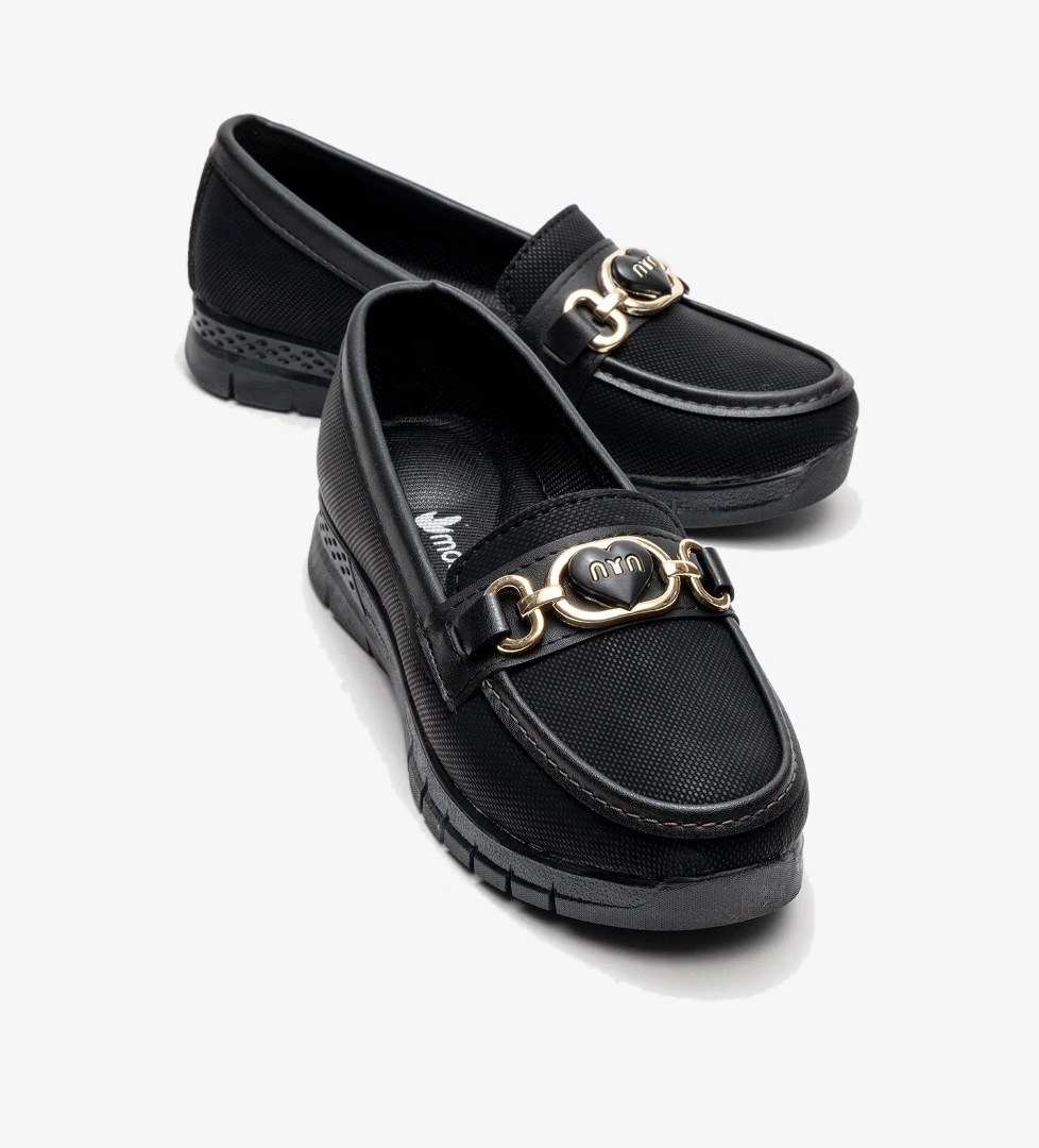 Yumuşak Tabanlı Kalp Tokalı Kadın Ayakkabı SİYAH KOT - Görsel 1