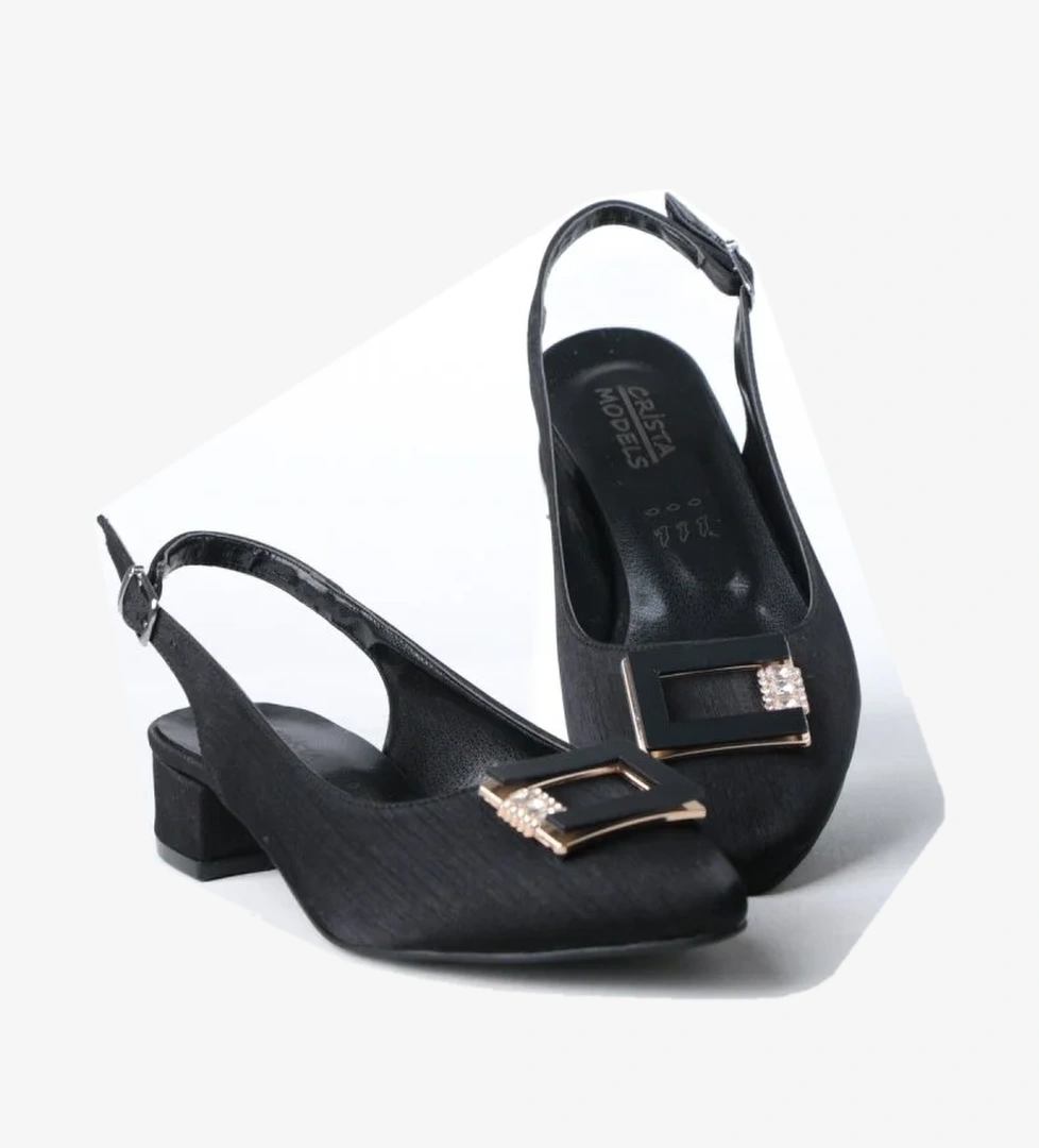 3 Cm Siyah Saten Taşlı Arka Açık Topuklu Kadın Ayakkabı - Görsel 1