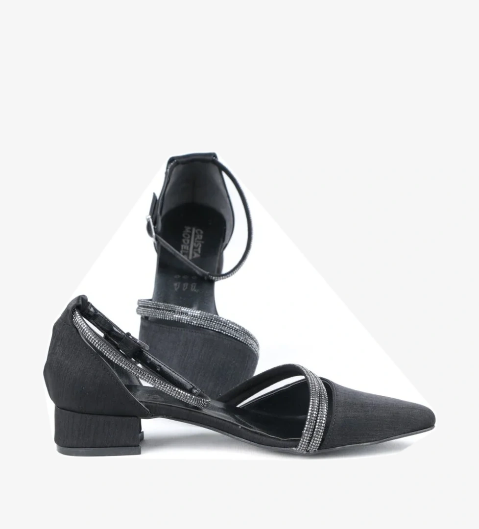 Ayakkabımood 3 Cm Siyah Saten Taşlı Topuklu Kadın Ayakkabı model görseli