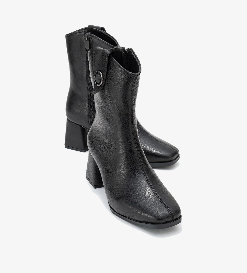 Kadın Sade Yan Aksesuarlı Küt Topuklu Bot SİYAH CİLT - Görsel 1