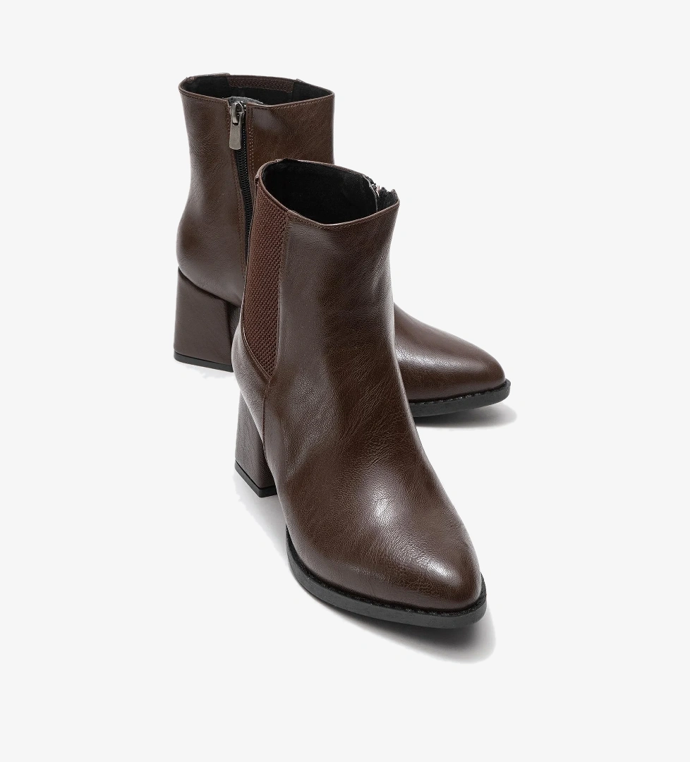 Kadın Sade Lastikli Sivri Burunlu Topuklu Bot KAHVE CİLT