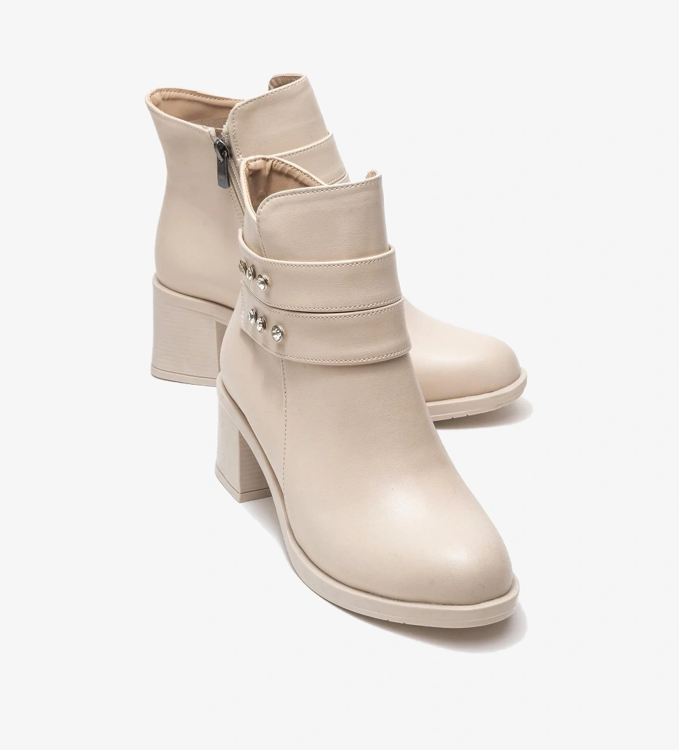 Kadın Çift Kemerli Taşlı Topuklu Bot BEJ CİLT