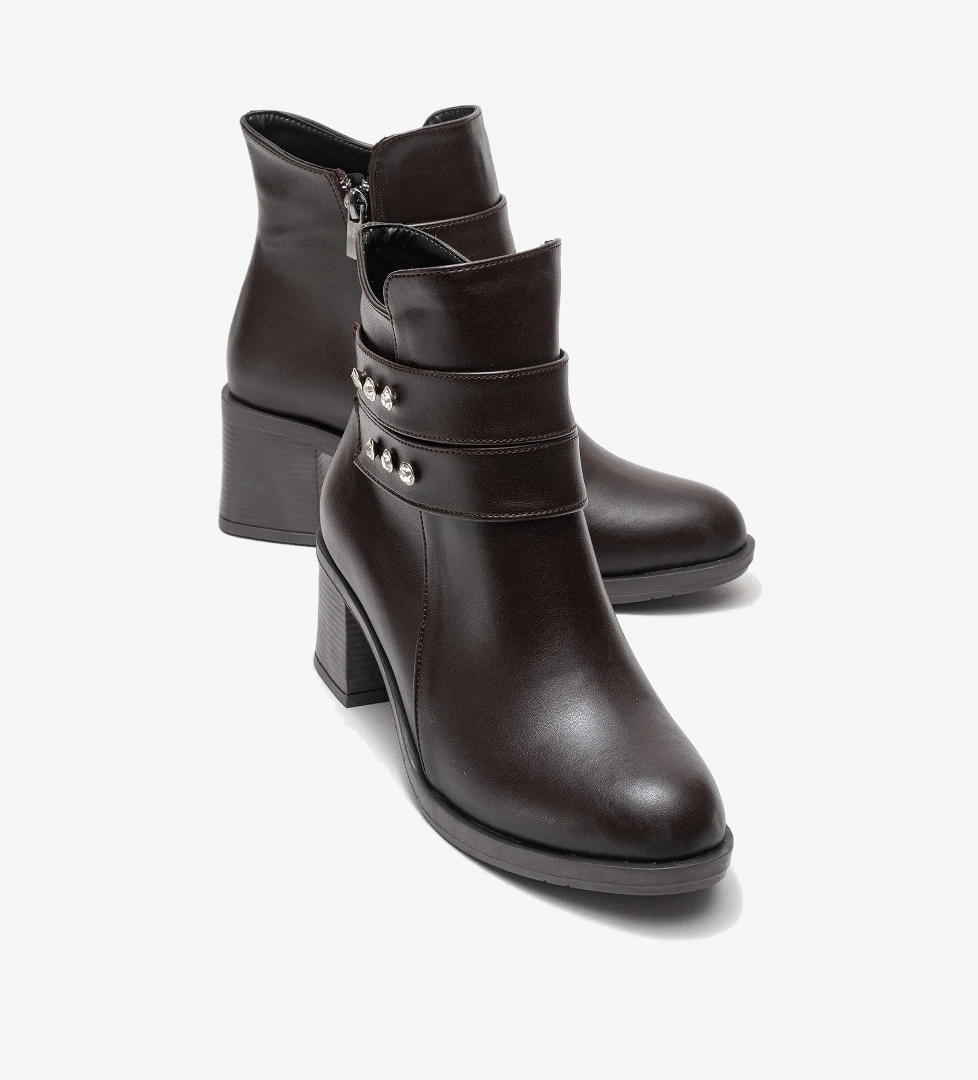 Kadın Çift Kemerli Taşlı Topuklu Bot KAHVE CİLT