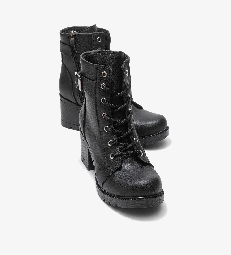 Kadın Tokalı Bağcıklı Topuklu Bot SİYAH CİLT - Görsel 1