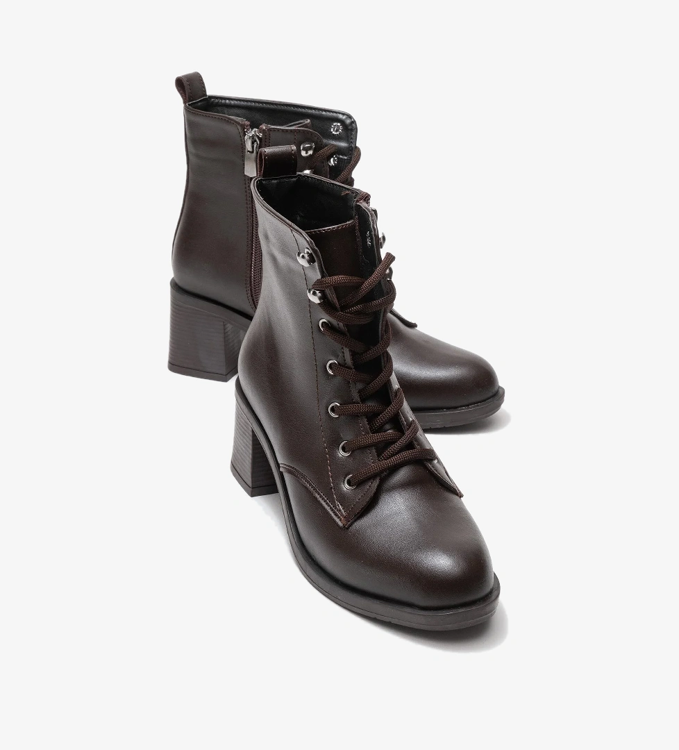 Kadın Topuklu Kancalı Bağcıklı Bot KAHVE CİLT