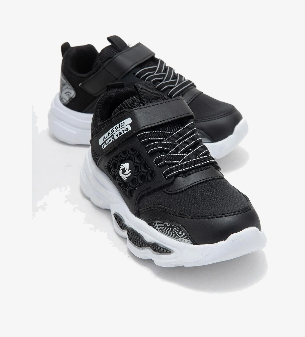 Bağcıklı Cırtlı Çocuk Spor Ayakkabı; SİYAH BEYAZ