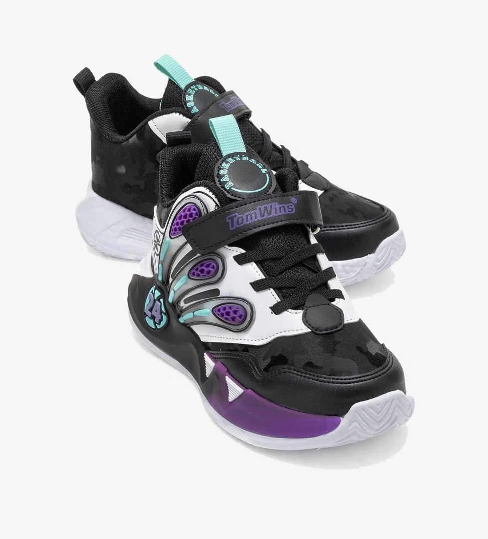 3 Çizgili Cırtlı Çocuk Spor Ayakkabı 30-35 SİYAH YEŞİL ORANJ - Görsel 1