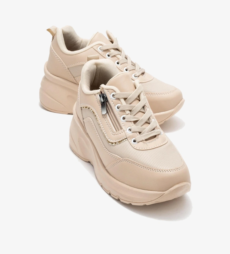 Kadın Fermuarlı Bağcıklı Spor Ayakkabı; BEJ