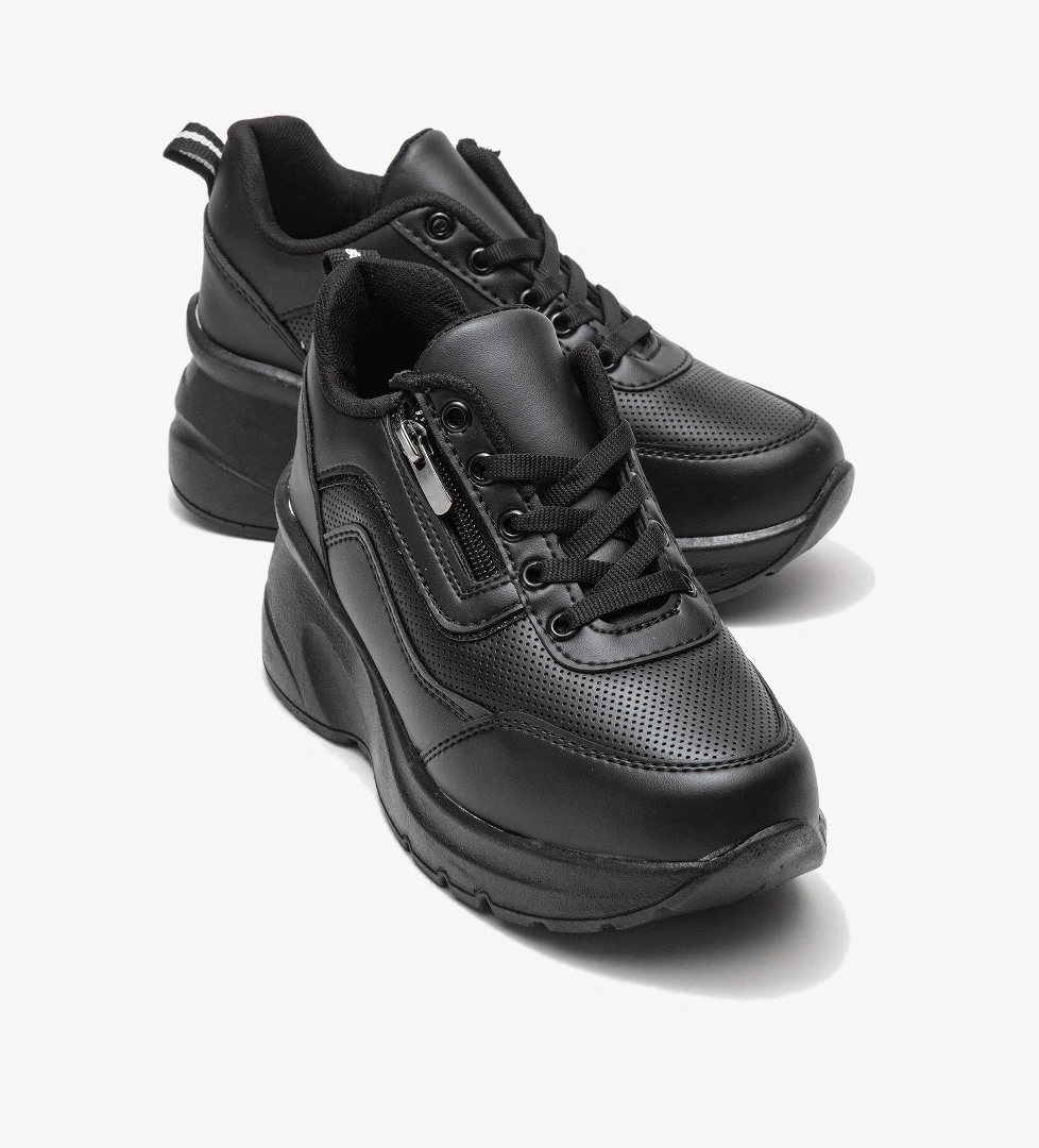 Kadın Fermuarlı Bağcıklı Spor Ayakkabı; SİYAH MAT