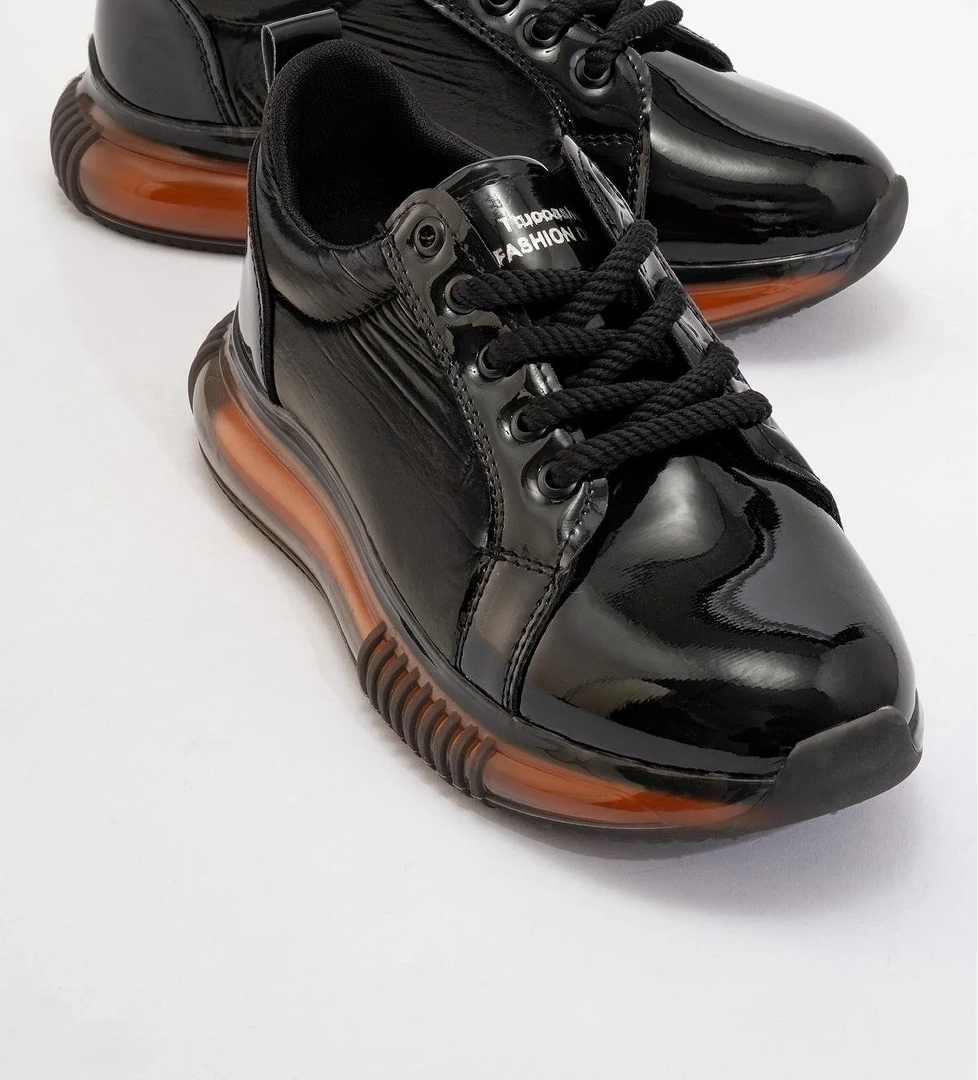 Bağcıklı Kadın Spor Ayakkabı SİYAH ORANJ - Görsel 1