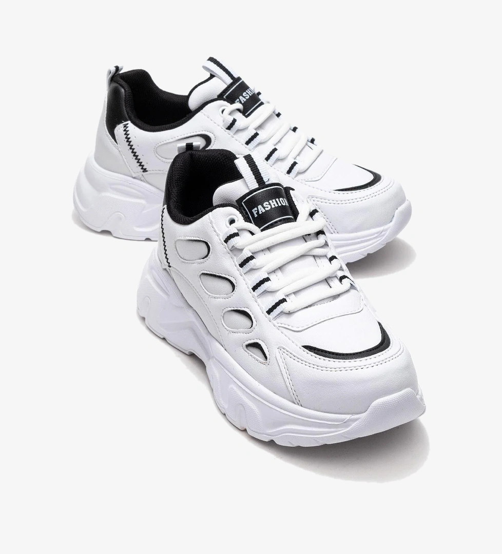 Yan Halka Desenli Kadın Spor Ayakkabı BEYAZ SİYAH