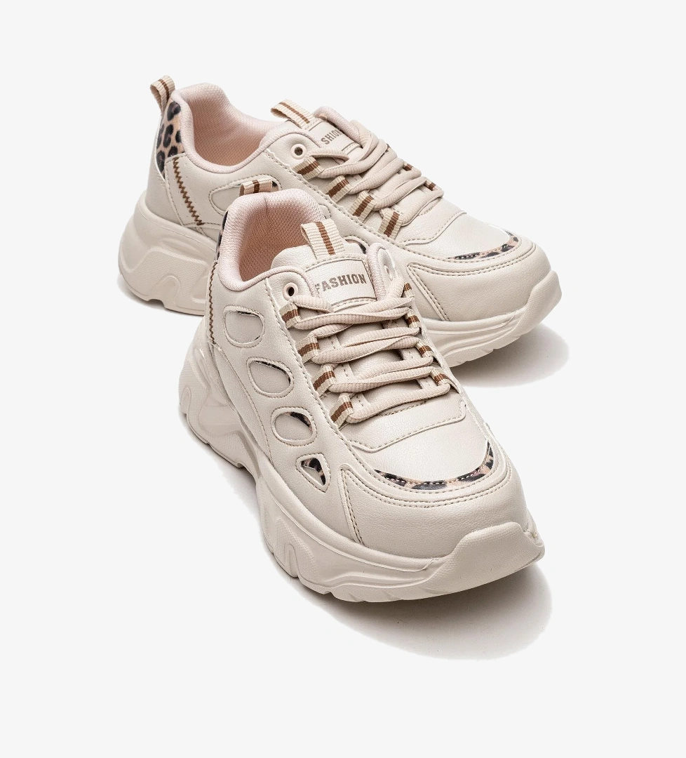 Yan Halka Desenli Kadın Spor Ayakkabı BEJ LEOPAR - Görsel 1