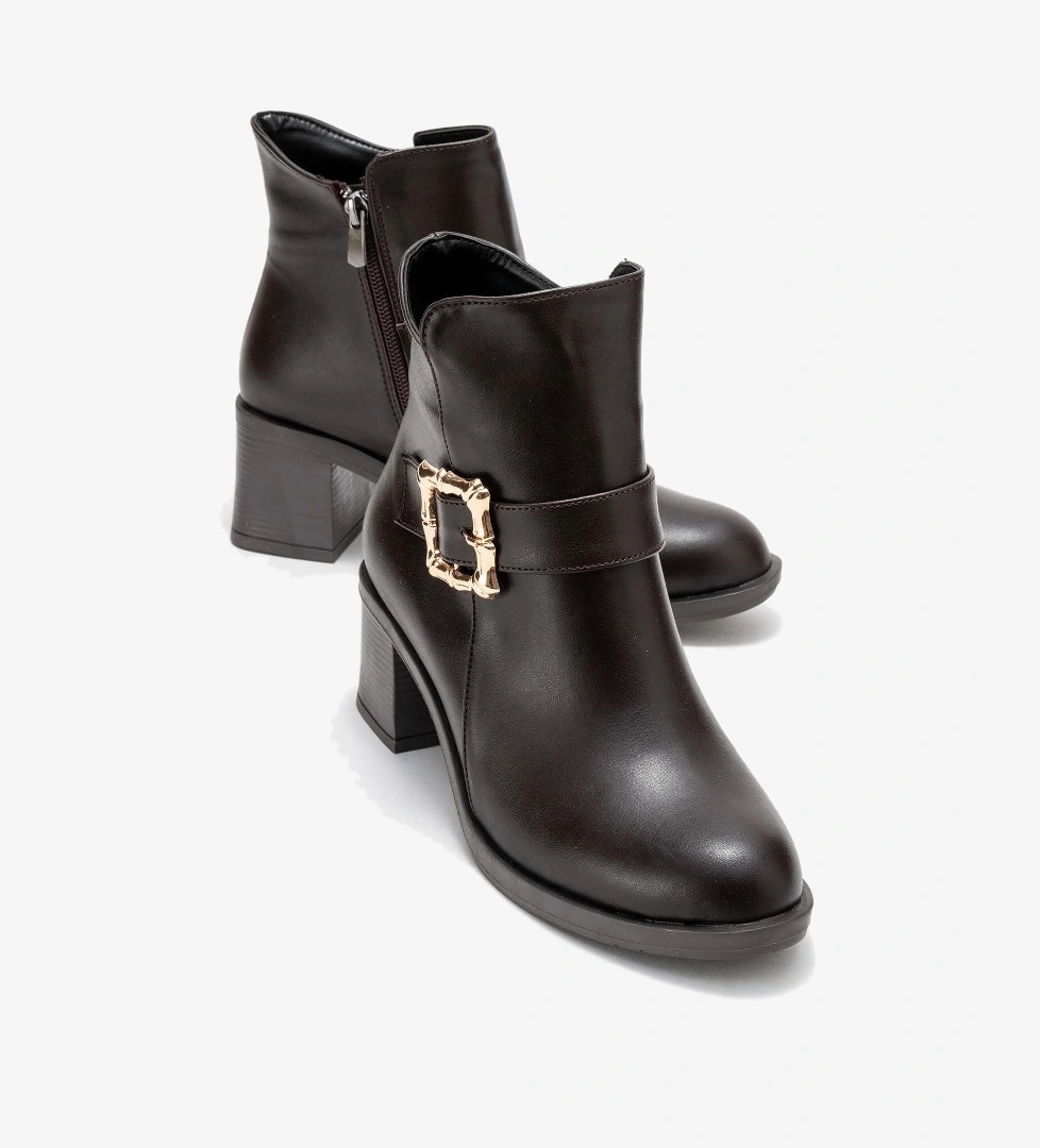 Ccway Kadın Büyük Altın Tokalı Topuklu Bot KAHVE CİLT model görseli